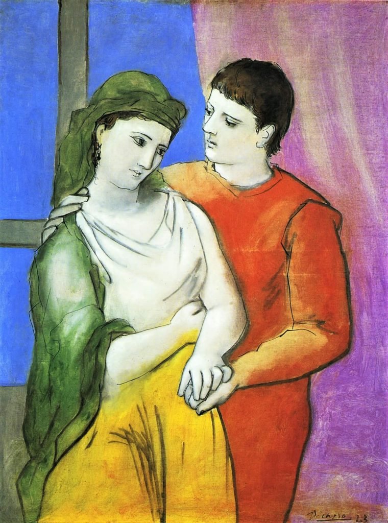 Painting of two lovers embracing closely, their faces pressed together in an intimate, stylized composition by Pablo Picasso.