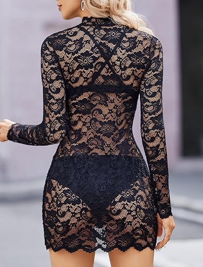 best sheer lingerie dresses - Avidlove Long Sleeve Lace Mini Dress